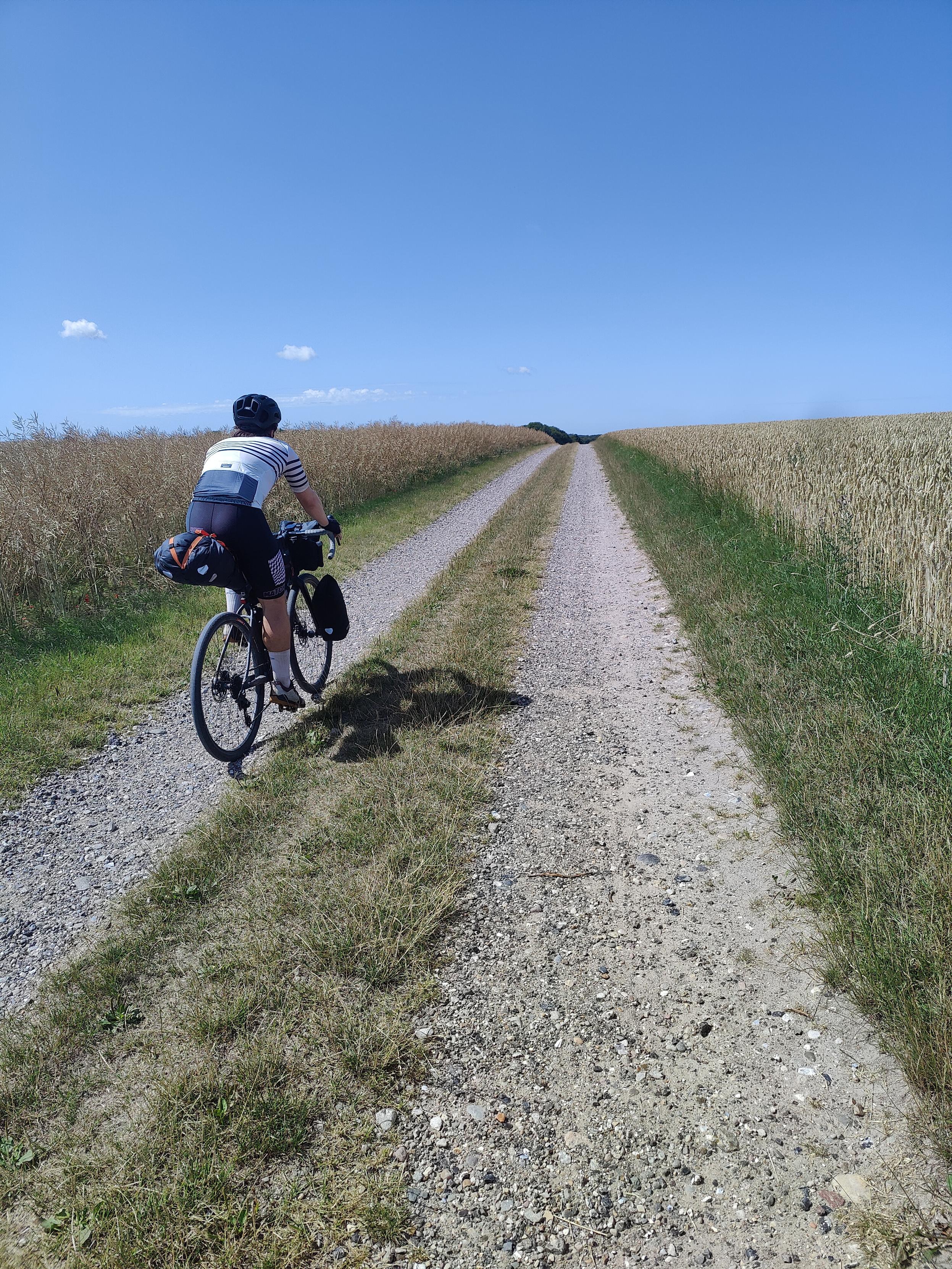 Cyclist on a gravel road in a field.