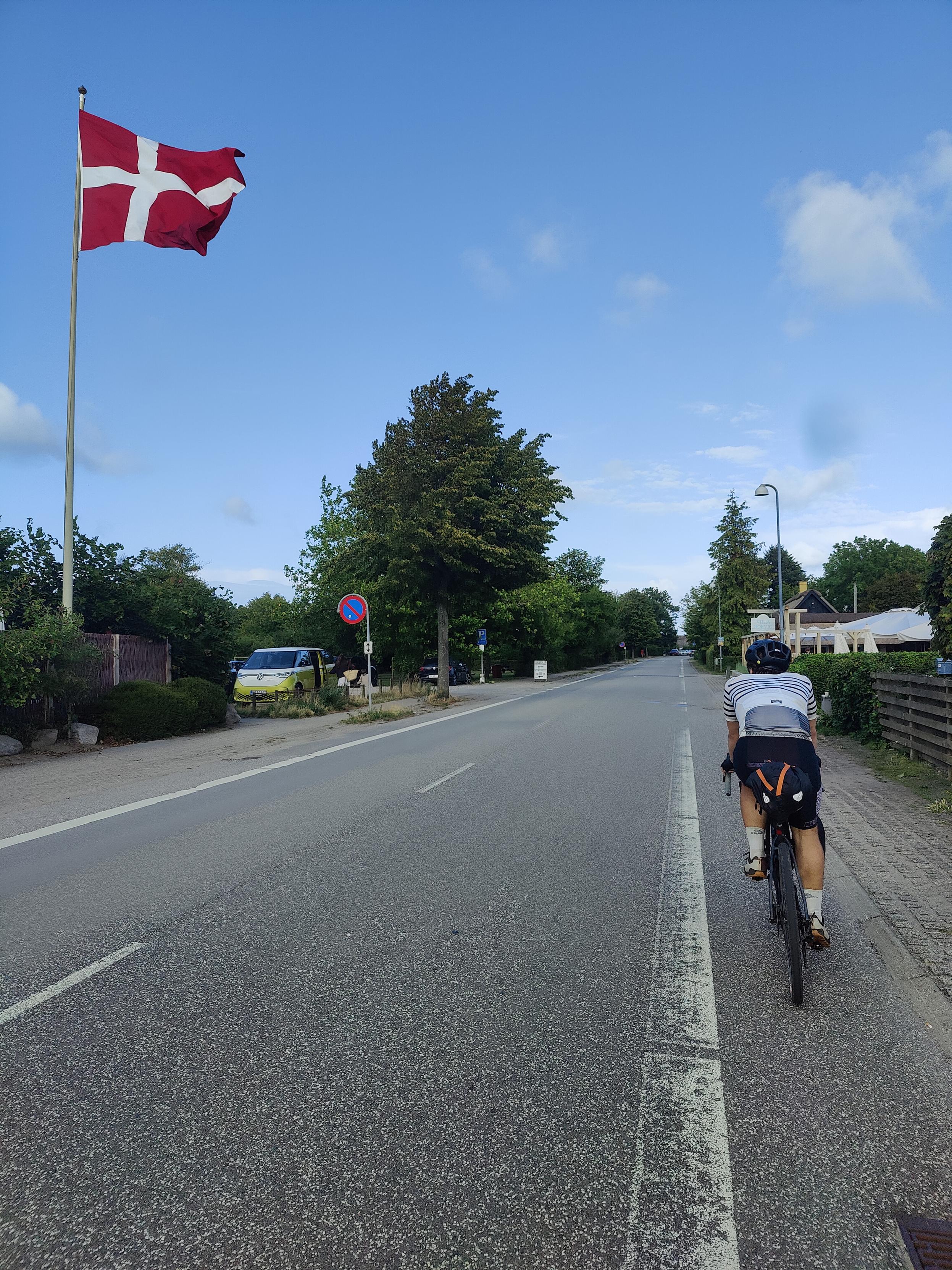 Cyclist on bicycle lane, huge Danish flag visible.
