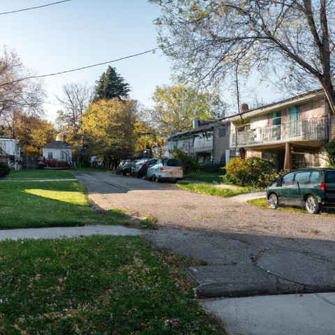 An asphalt dead-end street with a pair of two-story houses that look like they are crumbling, a series of warped cars that are stacked as if in a chain-reaction rear-ending on the lawns of those houses, and general unkemptness of the yards and trees.
