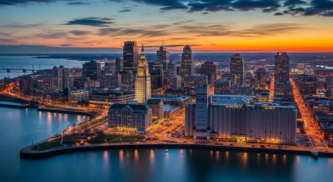 A dusk skyline of a city on a waterfront that has a about 6 short skyscrapers, a grain elevator, a bunch of shorter buildings, a grassy waterfront point, lots of orange glow from traffic, and looks like it was squeezed from a video game.
