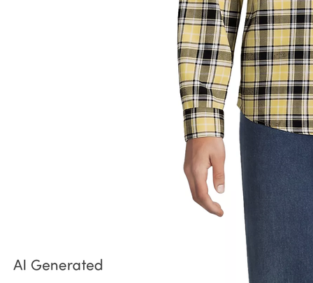 Cropped image showing a the lower arm and partial waist and hips of a man wearing a yellow and black flannel shirt, and down in the bottom left corner it says “AI Generated”.
